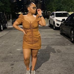 Brown ruched mini dress